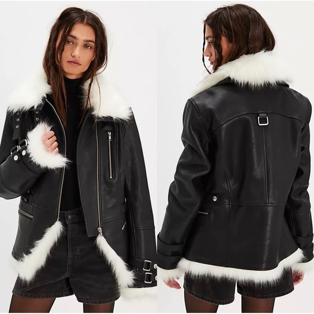 Free People We The Free Overdrive Leather Jacket L Black Moto Shearling Biker